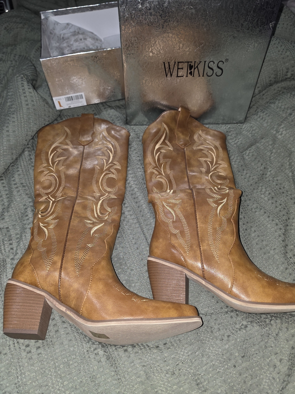 WetKiss Tan Embroidered Western Mid-Calf Heeled Boots